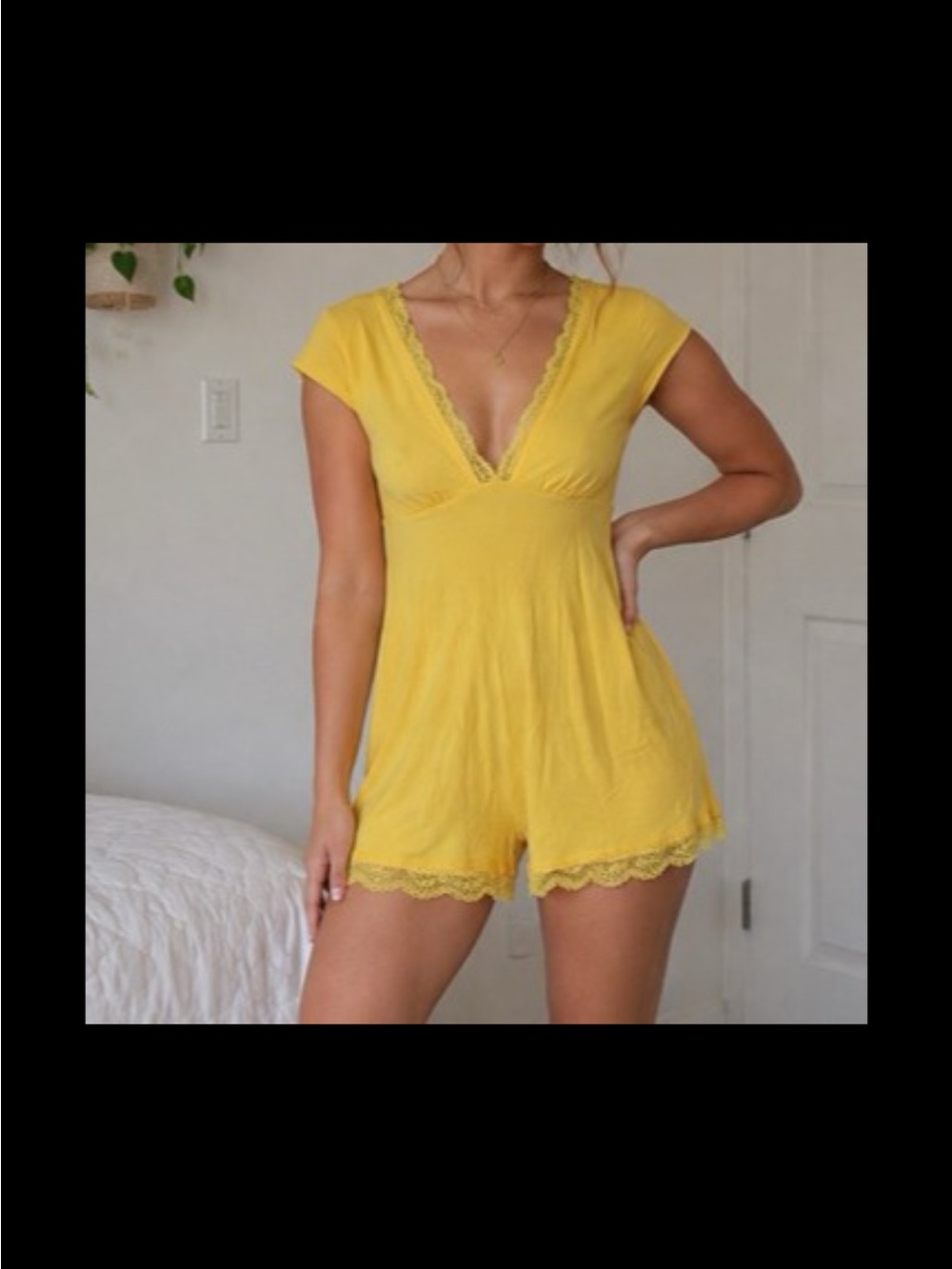 Fashion Nova Bright Yellow Lace-Trim V-Neck Sleep Romper